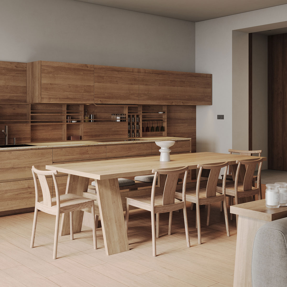 Nội thất phòng bếp chung cư làm từ gỗ tự nhiên
