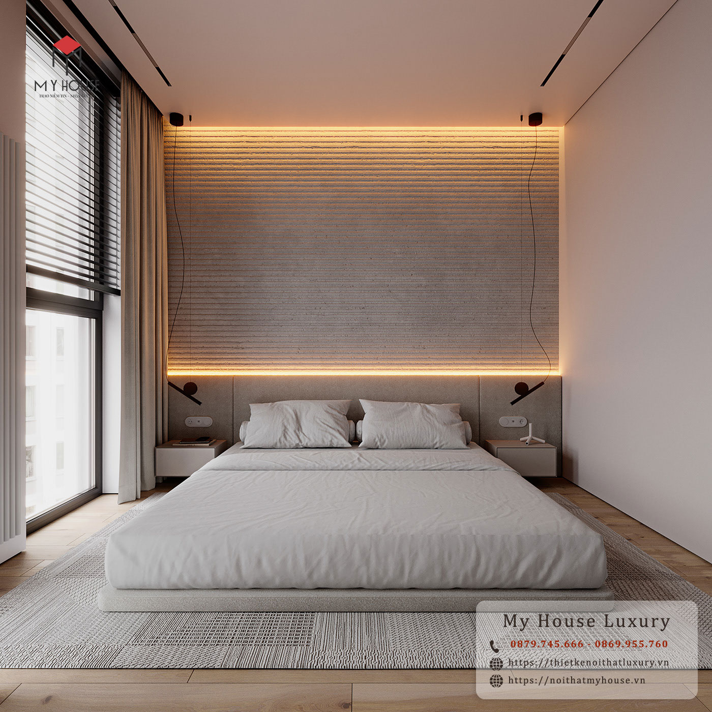 Thiết kế nội thất phòng ngủ đơn giản với tone màu trắng giúp mở rộng không gian