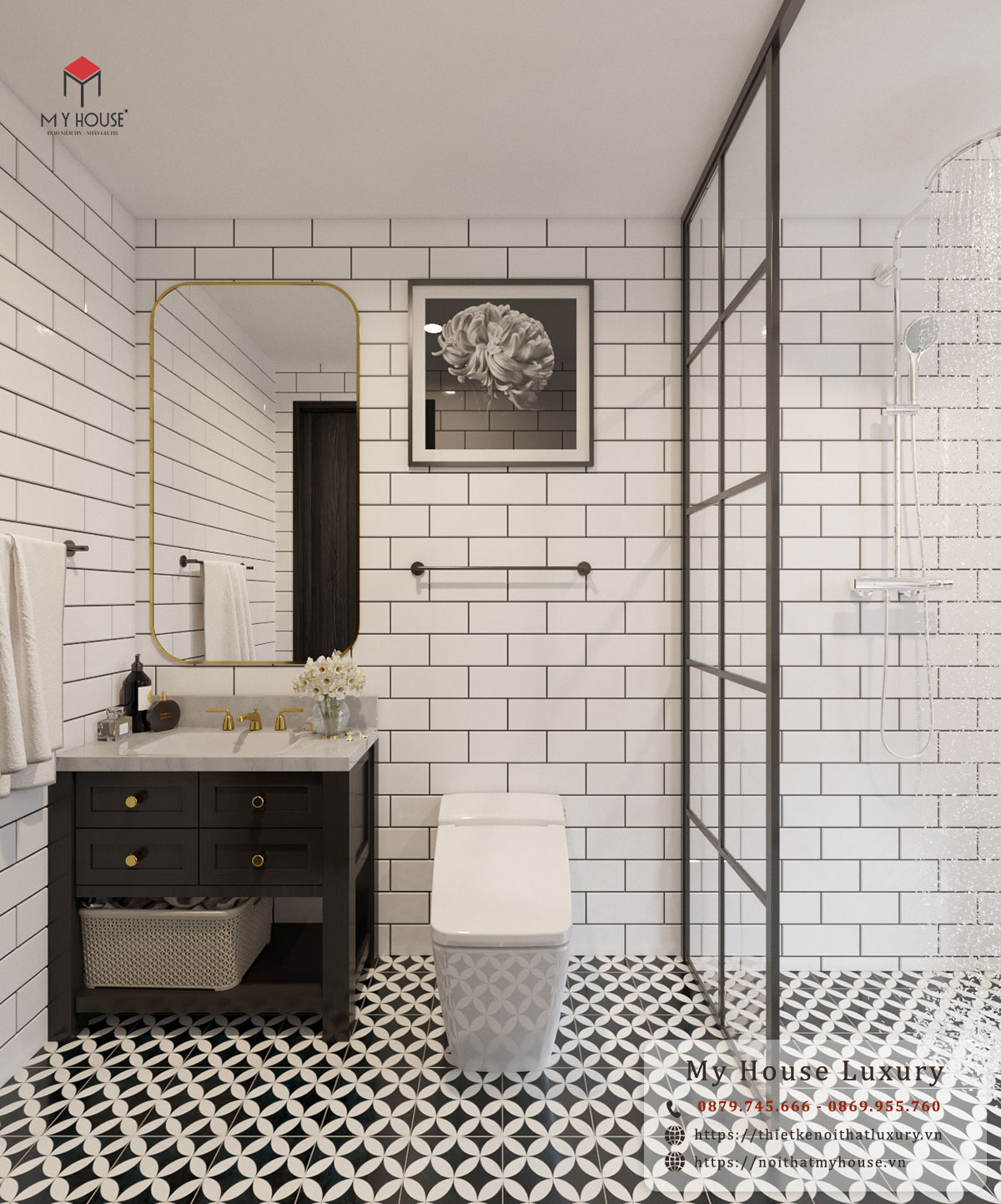 Phòng tắm Indochine tinh tế với sự phối màu tương phản trắng - đen