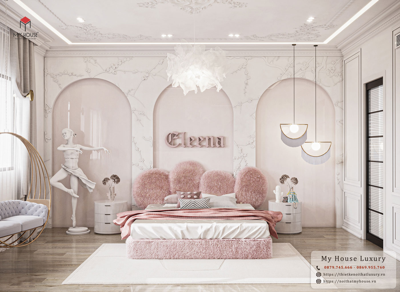 Phòng ngủ dành cho bé gái với tone hồng ngọt ngào