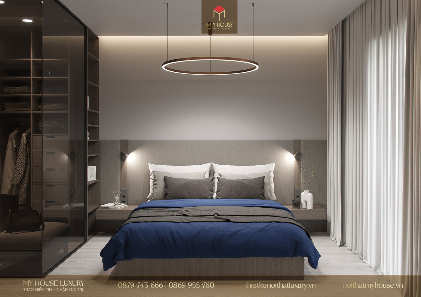 Phòng ngủ sử dụng những tone màu trung tính, mang đến vẻ đẹp thanh lịch tinh tế