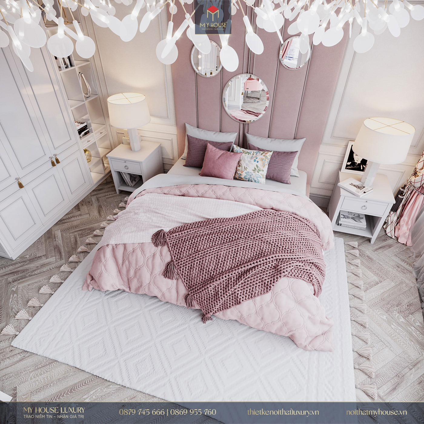 Thiết kế phòng ngủ sang trọng, tinh tế với tone màu hồng - trắng