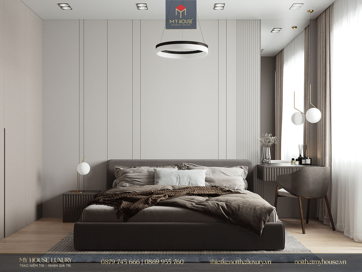 Phòng ngủ thiết kế đơn giản với gam màu trung tính